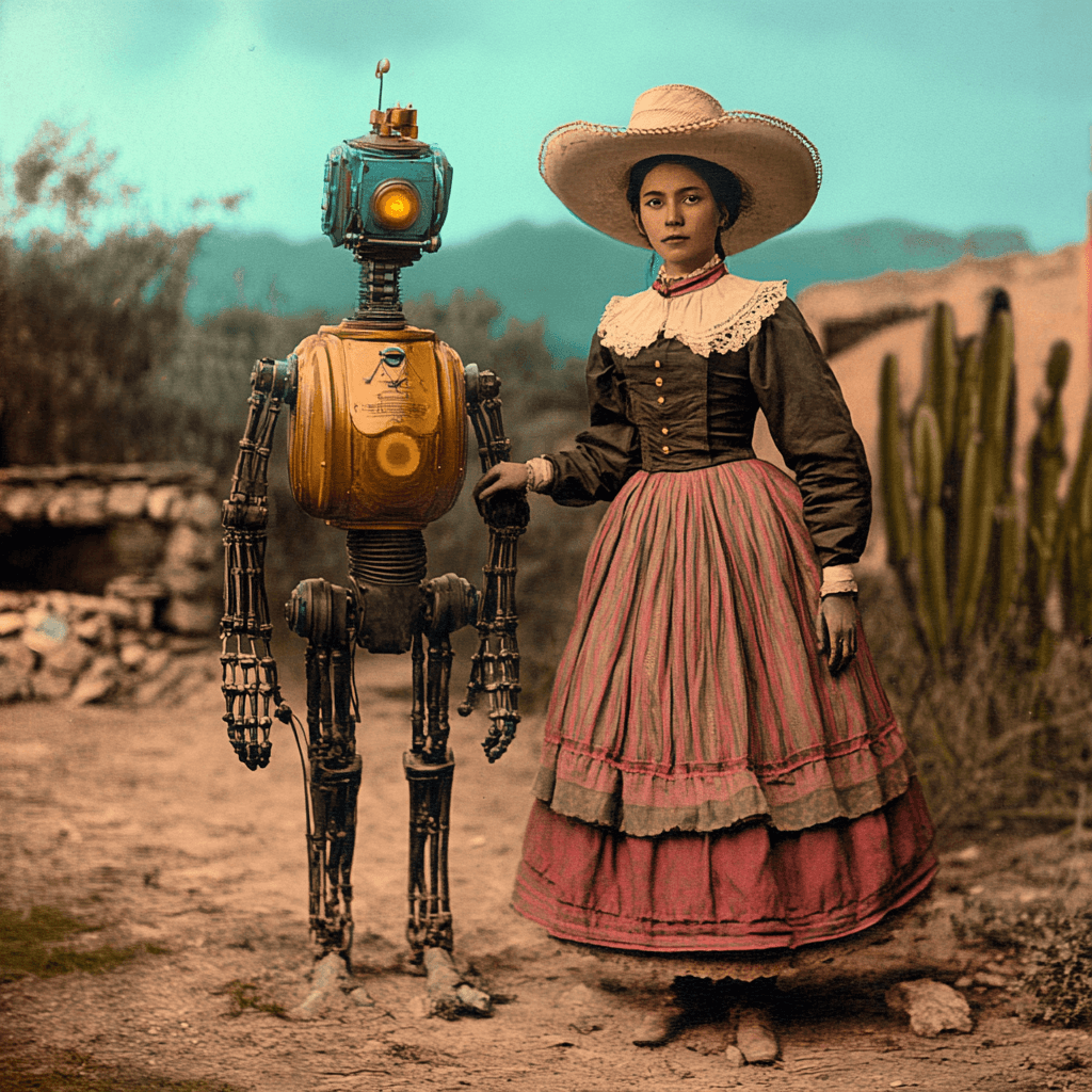 Una persona junto a un robot IA en un escenario histórico